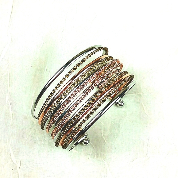 Tri-Tone Wire Cuff Bangle Bracelet Silver Gold Copper Twisted Metal Boho Chic - Picture 1 of 7